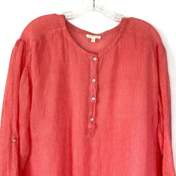 Eileen Fisher Linen 3/4 Sleeve Tunic Henley Shirt Striped Sz L - Picture 4 of 16